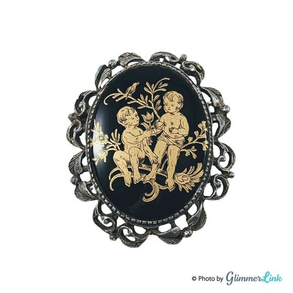 Vintage Two Boys Garden Oval Black & Gold Enamel Silver Tone Brooch Pendant - Picture 1 of 9